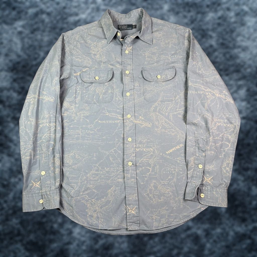 Polo Ralph Lauren VINTAGE Polo Ralph Lauren Montauk Map Print Shirt Mens L Blue Long Sleeve Chin Strap Size US L / EU 52-54 / 3 - 1 Thumbnail