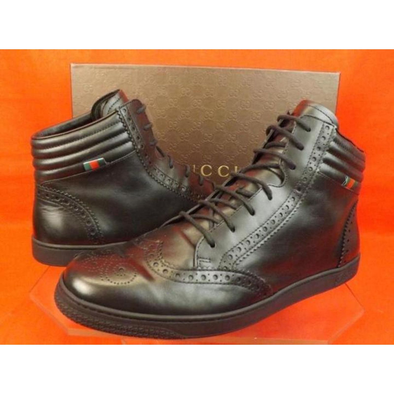 GUCCI 295294 BLACK LEATHER BROGUE WEB LOGO HI SNEAKERS 6.5