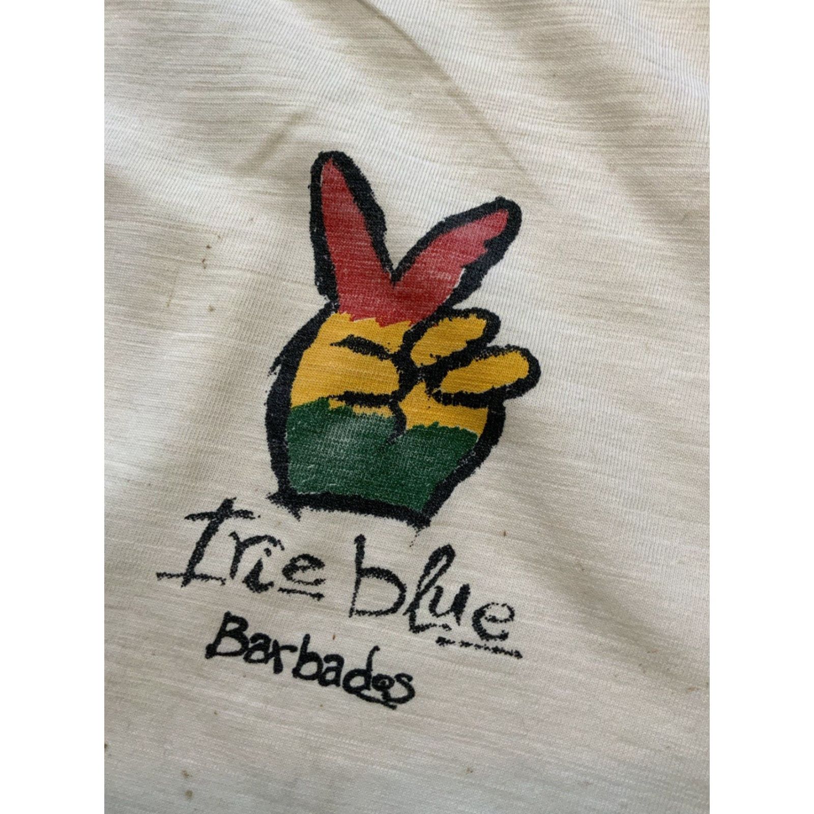 Vintage VINTAGE Irie Blue Barbados One Love Peace Rasta Single Stitch T-Shirt XL White 90s Mens? Womens? (Oops) Size US XL / EU 56 / 4 - 6 Thumbnail