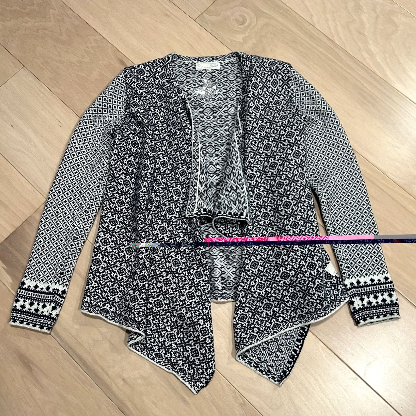 Vintage Odd Molly Cotton Shawl Wrap Cardigan Nordic Women’s L Black / White Fair Isle Knit Lightweight Long Sleeve Regular Hand Wash Only Vintage: No Mens? Size L / US 10 / IT 46 - 2 Thumbnail