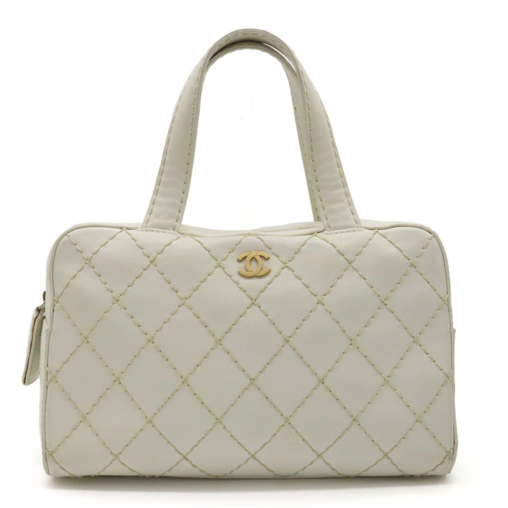 image of Chanel Wild Stitch Handbag Boston Bag Leather White A14692, Women's