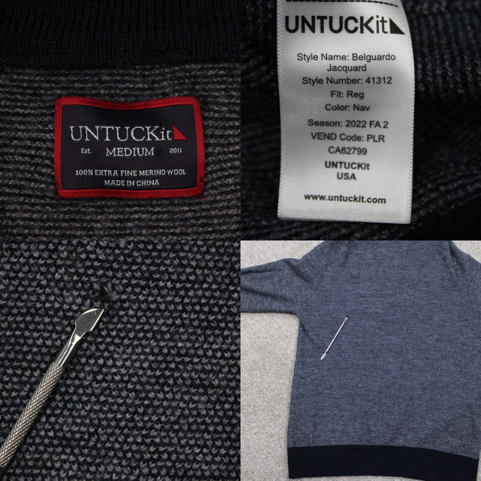 UNTUCKit UNTUCKit Sweatshirt Mens Medium Gray Belguardo Jacquard 1/4 Zip Fine Merino Wool Size US M / EU 48-50 / 2 - 8 Thumbnail
