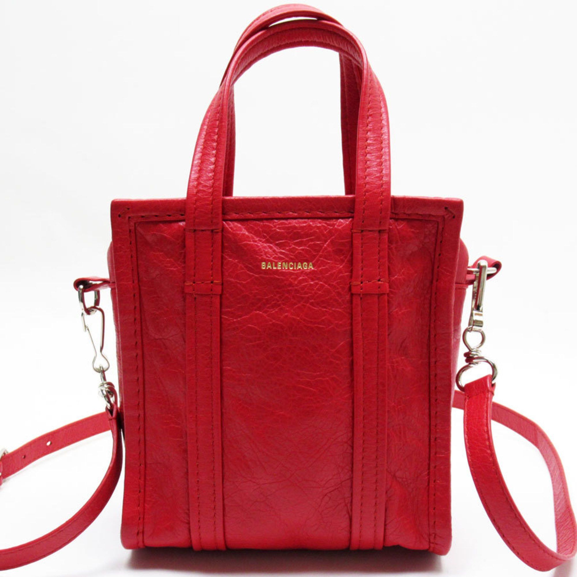 image of Balenciaga Handbag Shoulder Bag Bazaar Shopper Xxs Leather Red Silver Ladies in Red Color, Women's