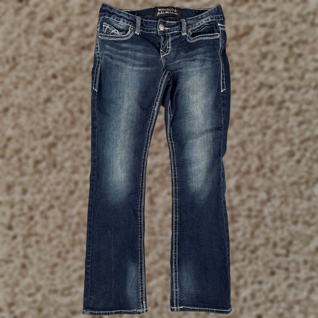 Vintage Maurices Jeans Womens 9 Blue Denim Bootcut Dark Wash Low Rise 32x31 5-Pocket Zipper Stretch Regular Cotton Blend Vintage No Size 30" / US 8 / IT 44 - 1 Thumbnail
