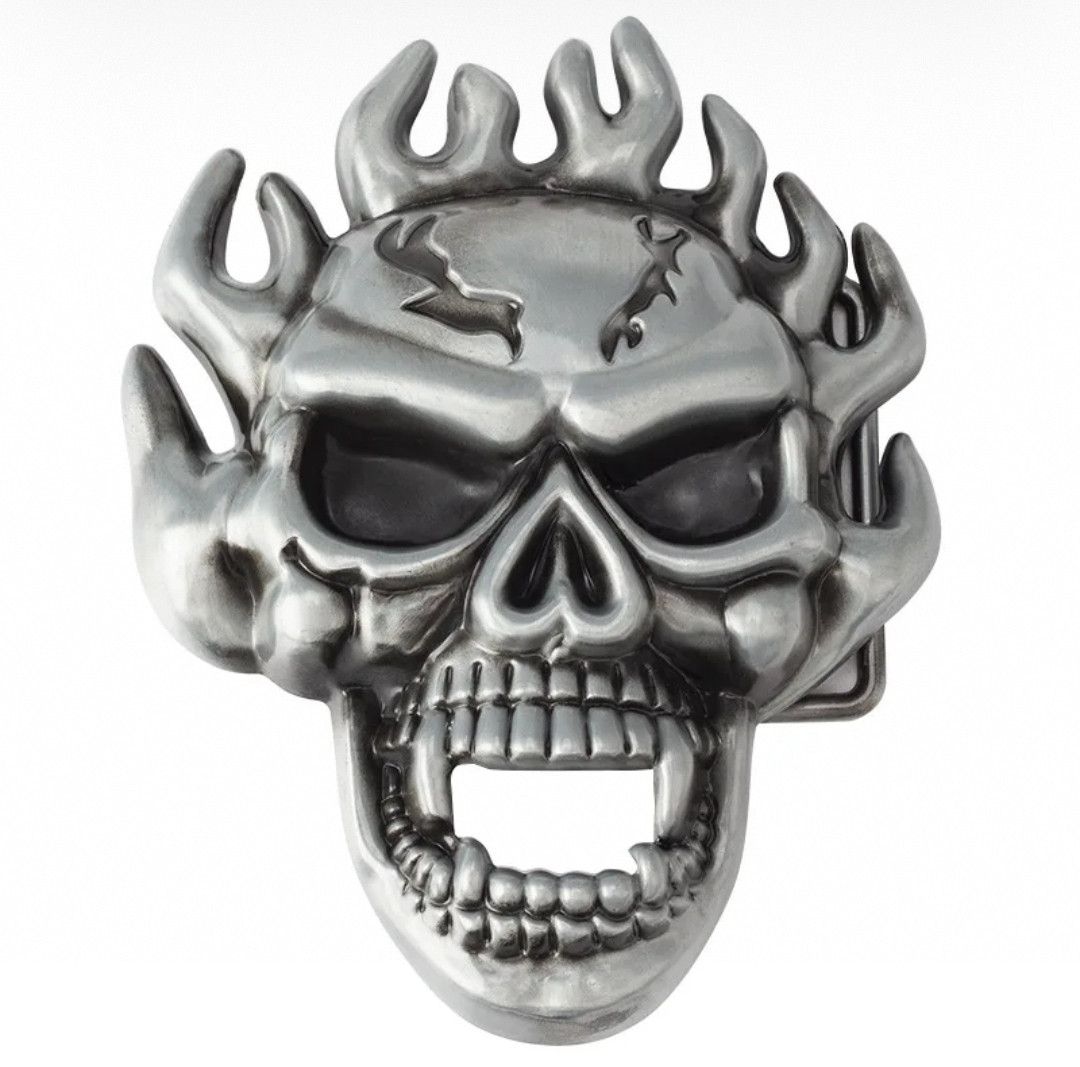 Japanese Brand × Leather Fire Hair Skull Belt Buckle 40 mm Belt in 100/110/120/130 Size ONE SIZE - 2 Thumbnail