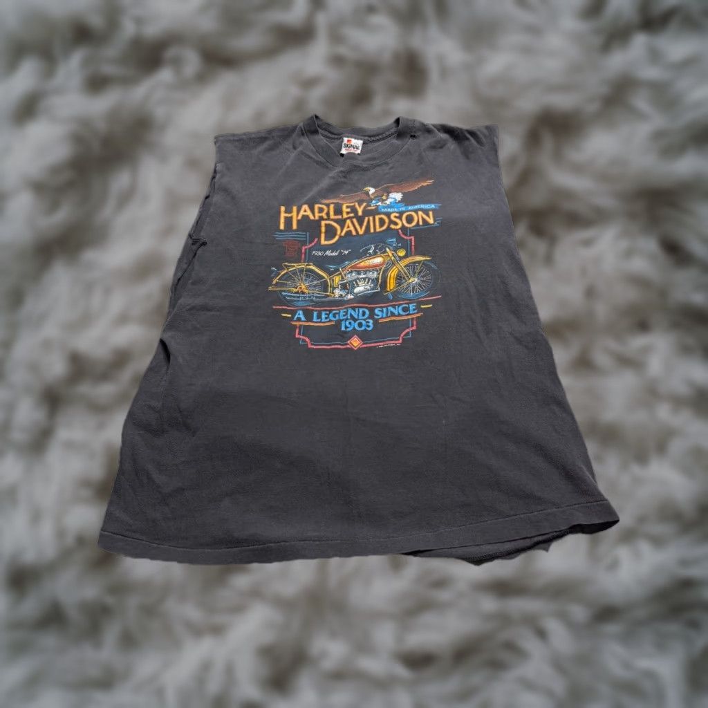 VINTAGE Harley-Davidson T Shirt Black USA Legend 80s Cut Off Chopped Large Navy?
