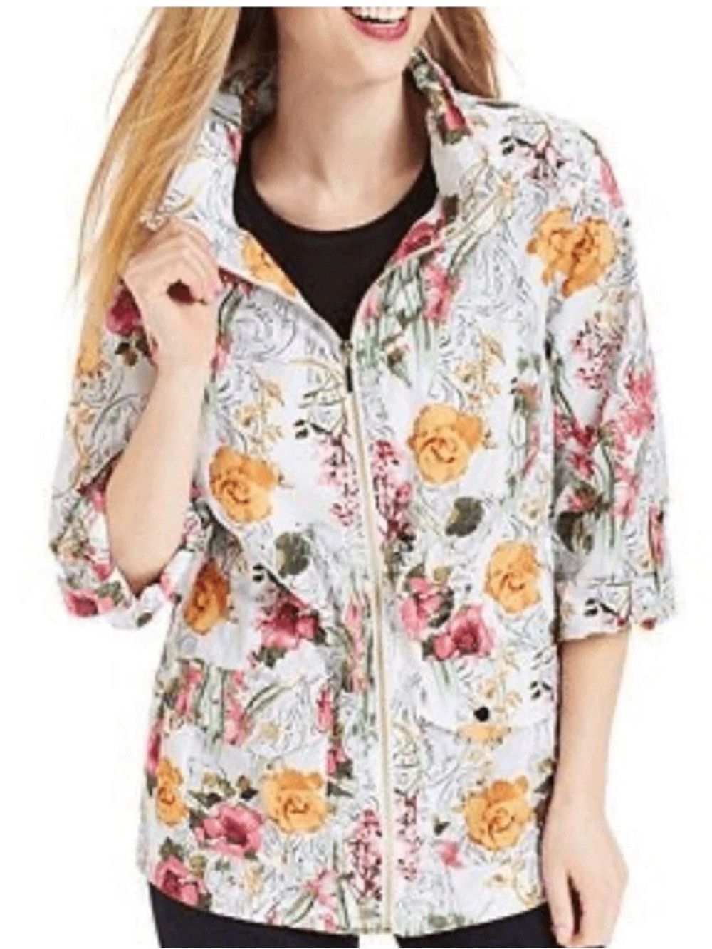 Style & Co Style & Co Floral Hooded Rain Jacket Size S Size S / US 4 / IT 40 - 1 Thumbnail