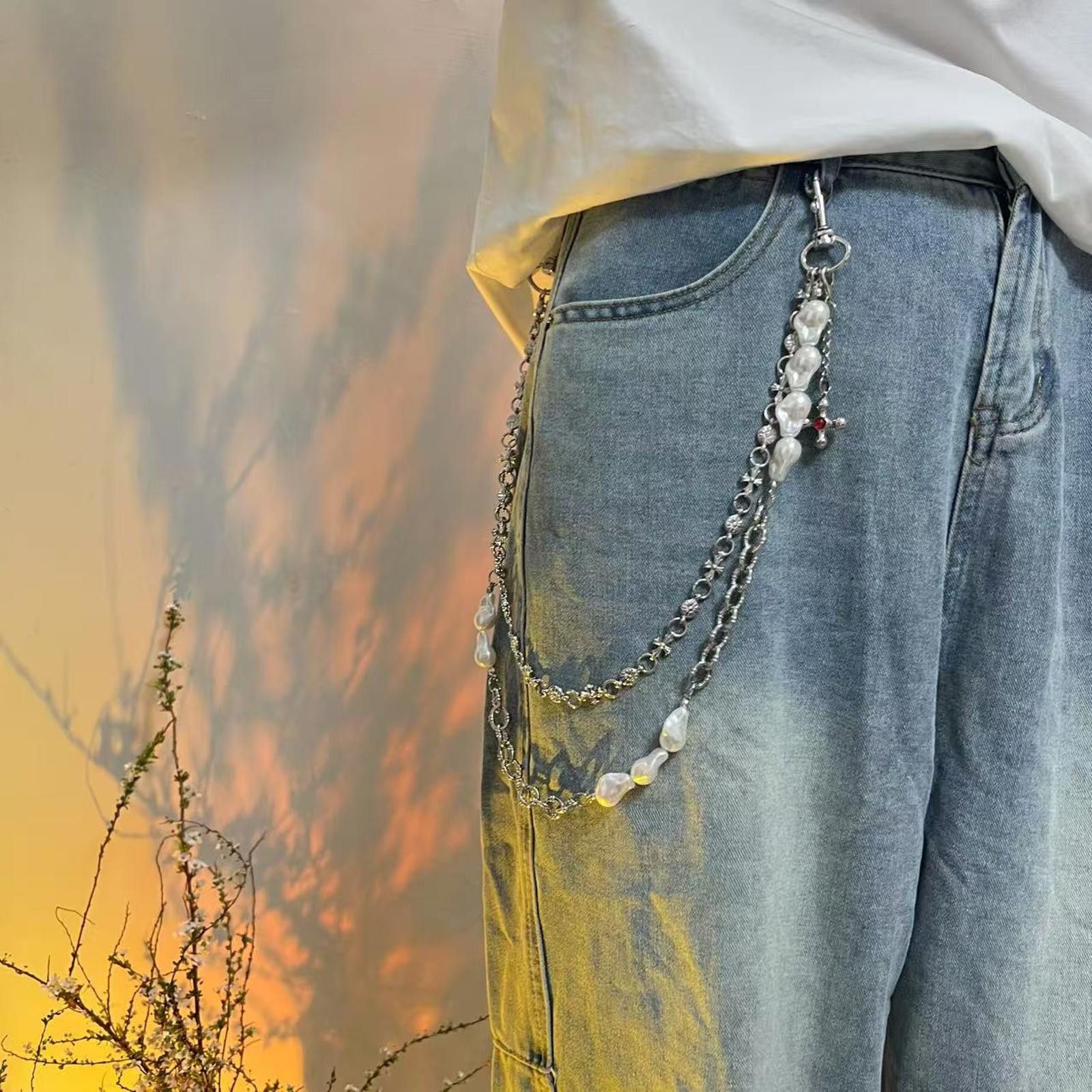 Vintage Silver Chain with Pearl Accents, Men's Layered Wallet Chain Size ONE SIZE - 2 Thumbnail