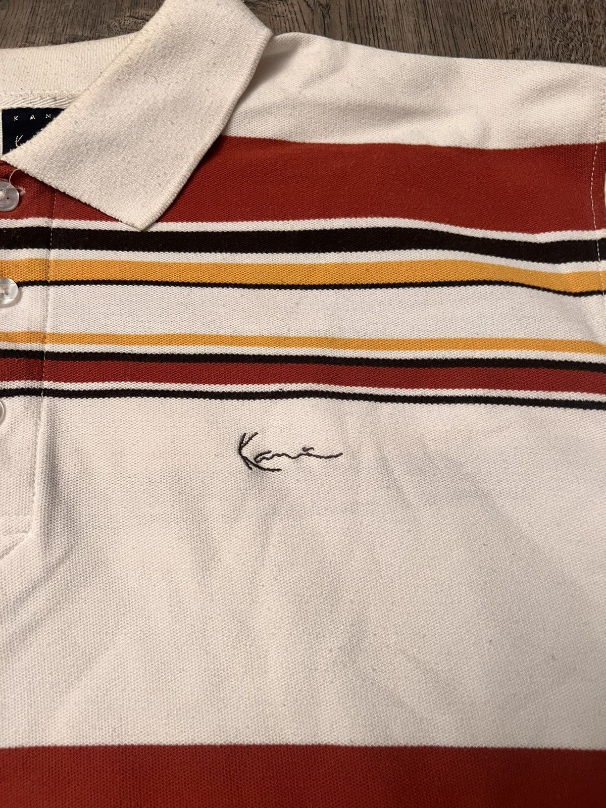 Karl Kani × Vintage Karl Kani Vintage Striped Polo Shirt Red Black & Yellow XXL Size US XXL / EU 58 / 5 - 3 Thumbnail