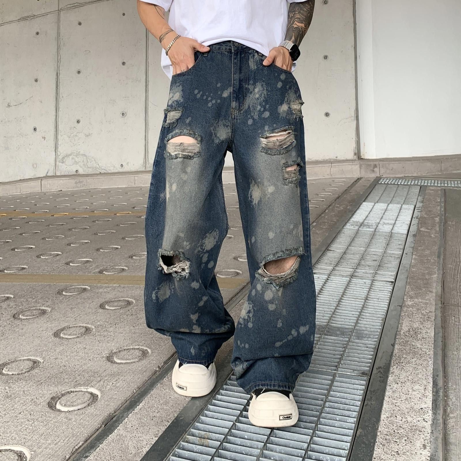Japanese Brand Distressed Baggy Wide Leg Denim Jeans, Ripped Jeans Size US 30 / EU 46 - 2 Thumbnail
