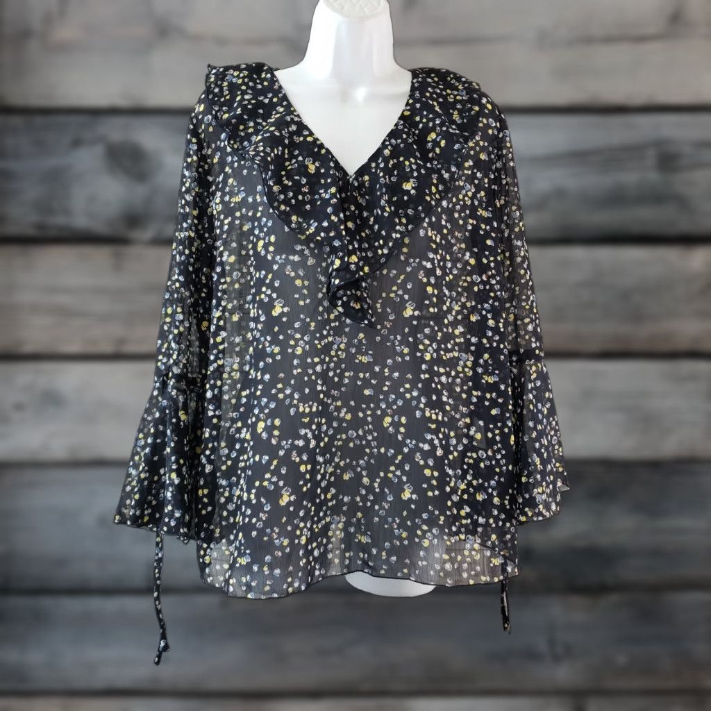 Vintage Vero Viva Blouse Womens Blue Yellow Floral Long Sleeve V-Neck Sheer Ruffle Sz 422024 Womens Size M / US 6-8 / IT 42-44 - 1 Thumbnail
