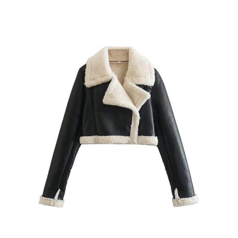 image of Leather Jacket Siren - Ashley Leather Fur Crop Jacket in Black, Women's (Size Medium)