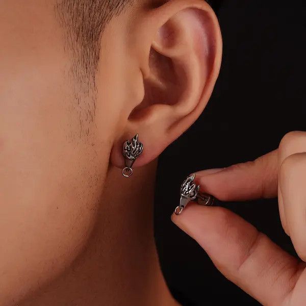 Jewelry Silver Flame Stud Earrings, Men's Gothic Accessories Size ONE SIZE - 1 Thumbnail