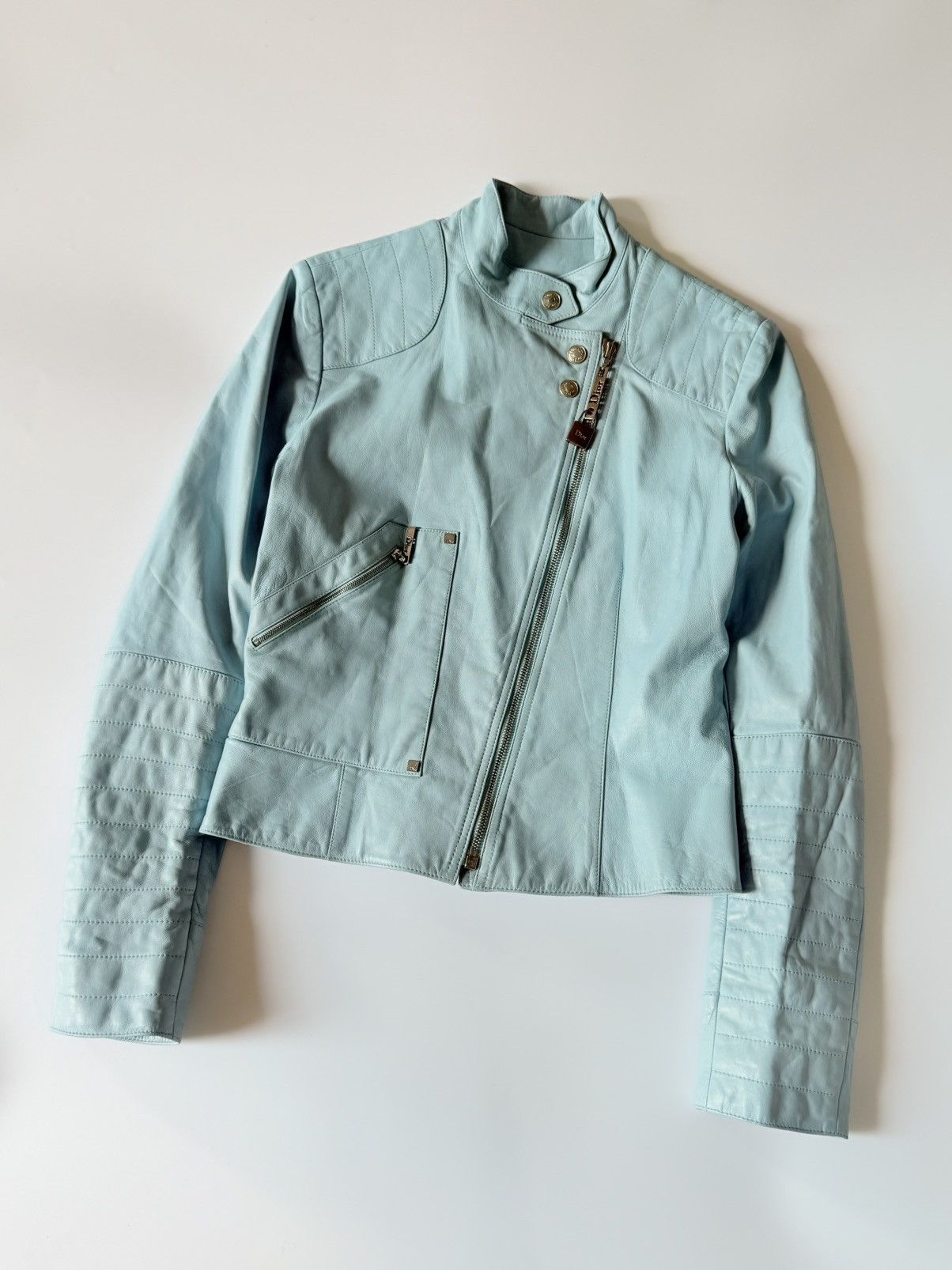 Dior Christian Dior John Galliano S/S 2004 Turquoise Biker Jacket Size XS / US 0-2 / IT 36-38 - 2 Thumbnail