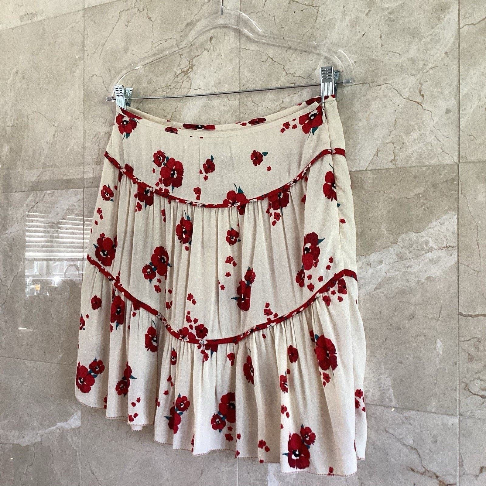 ba&sh ba&sh Bia Lady Mini Skirt Ecru Red Floral Tiered, Size 1 US6 Size 28" / US 6 / IT 42 - 3 Thumbnail