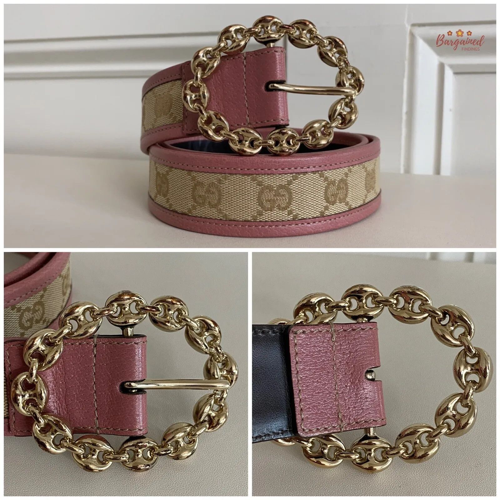 Gucci Gucci Pink Monogram Canvas Leather Gold Chain Buckle Belt Size ONE SIZE - 11 Thumbnail
