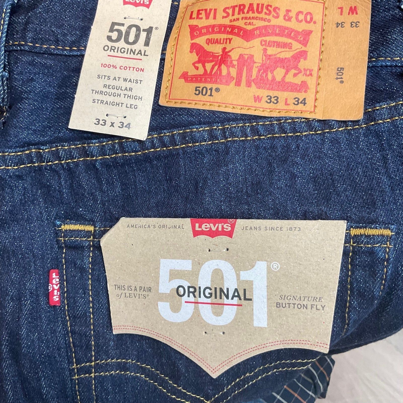 Levi's NWT LEVI'S 501 Jeans Men's 33W 34L Button Fly Dark Blue PAKI Size US 33 - 9 Thumbnail