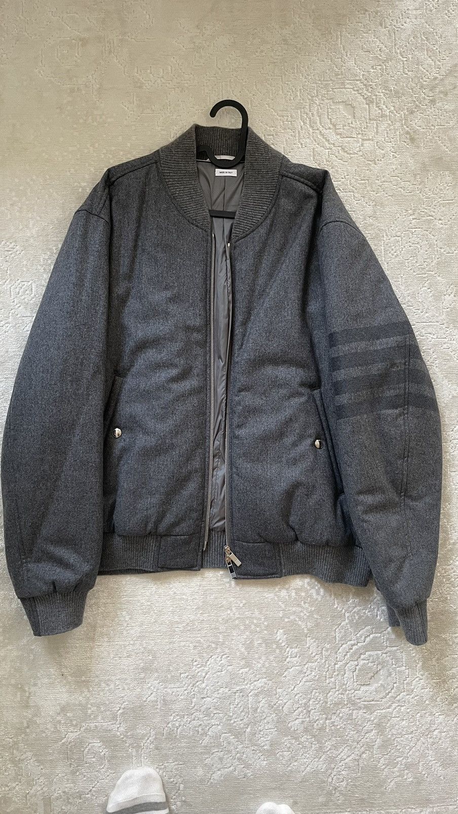 image of Thom Browne Grey Flannel Wool Down Filled Bomber, Men's (Size Medium)