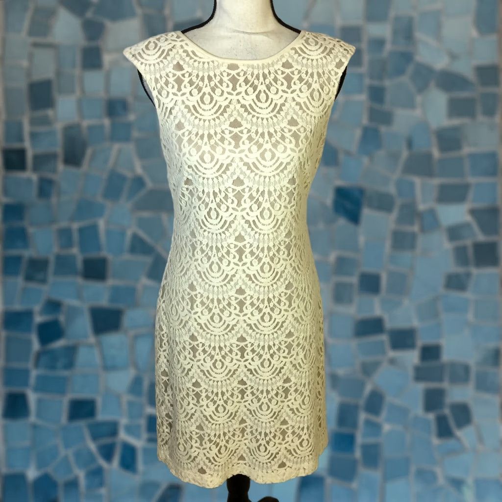 Vintage Jessica Howard Dress Size 6 Ivory Lace Overlay Sheath Cap Sleeve Lined Womans
