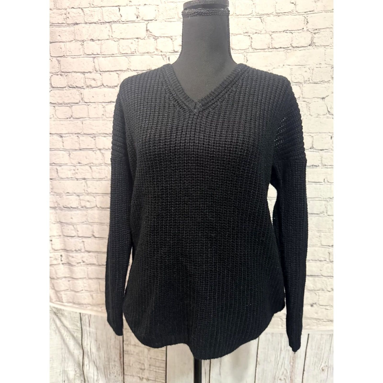 Vintage Ambiance Black Cold Shoulder V-Neck Sweater Shirt Women Small Regular Size S Knit Pullover Crew Neck Long Sleeve Solid 100% Cotton Mens? Size S / US 4 / IT 40 - 5 Thumbnail
