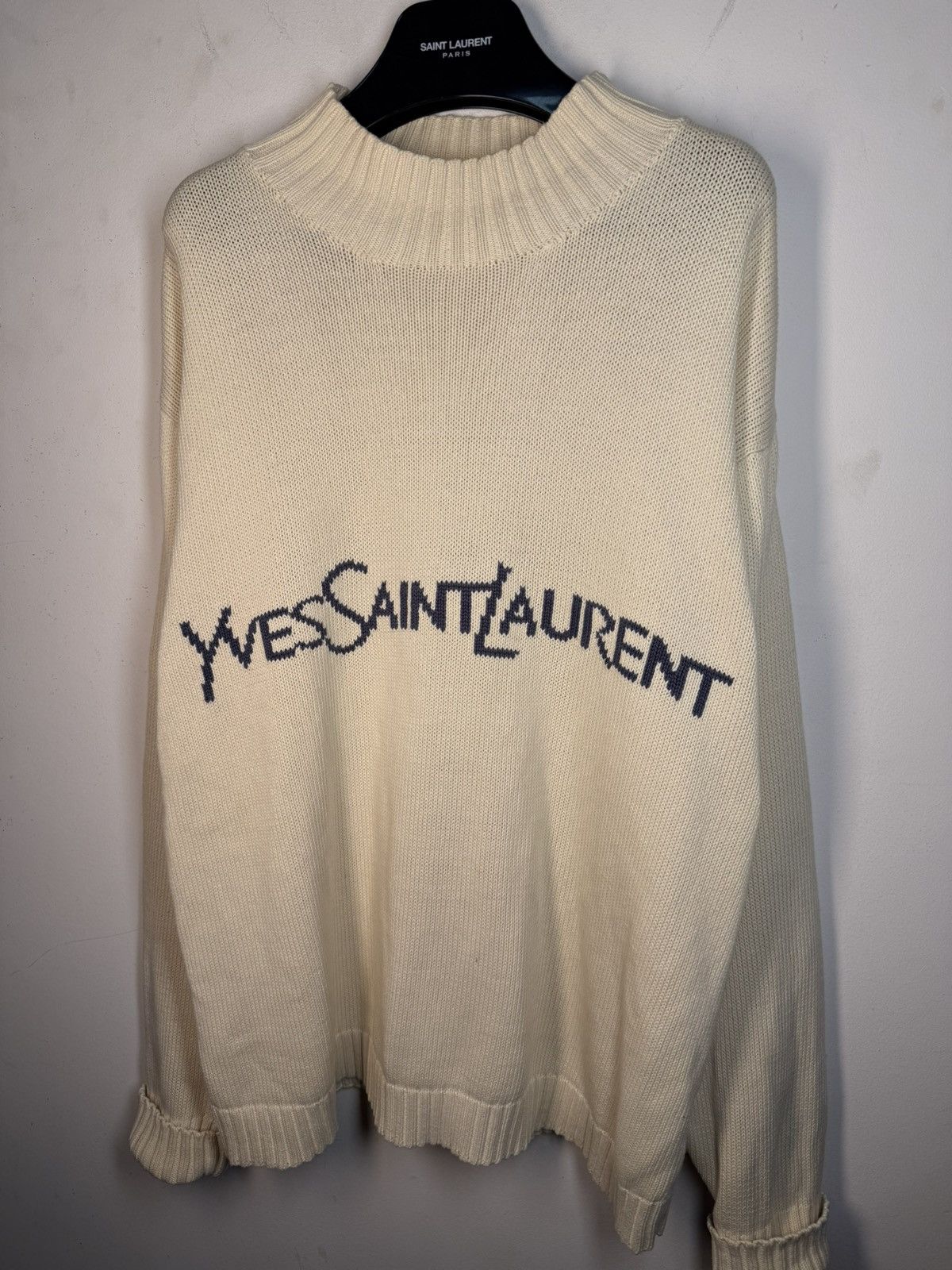 Yves Saint Laurent Cream YSL Sweater Knit Big Logo Turtleneck y2k Sweatshirt Size US L / EU 52-54 / 3 - 16 Thumbnail