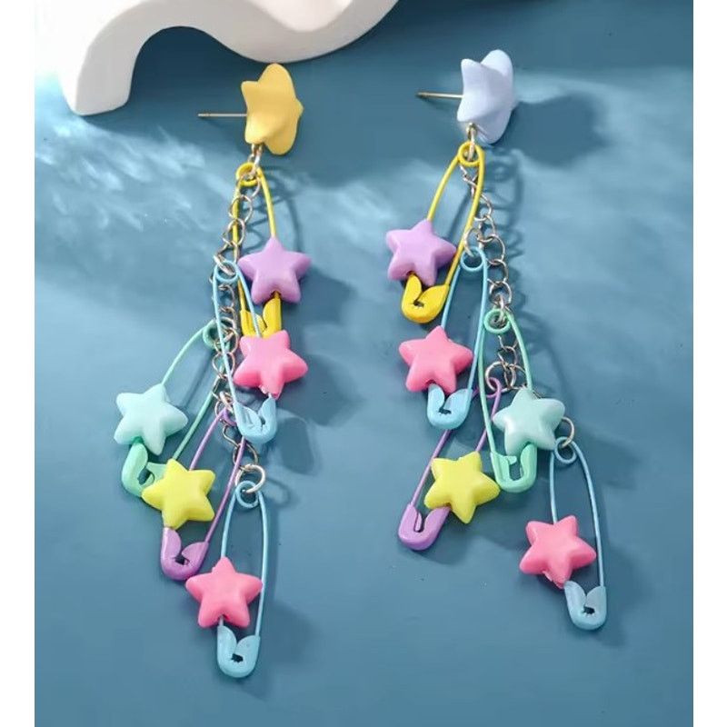 Other Kawaii Pastel Star Safety Pin Dangle Earrings – Y2K Size ONE SIZE - 1 Thumbnail