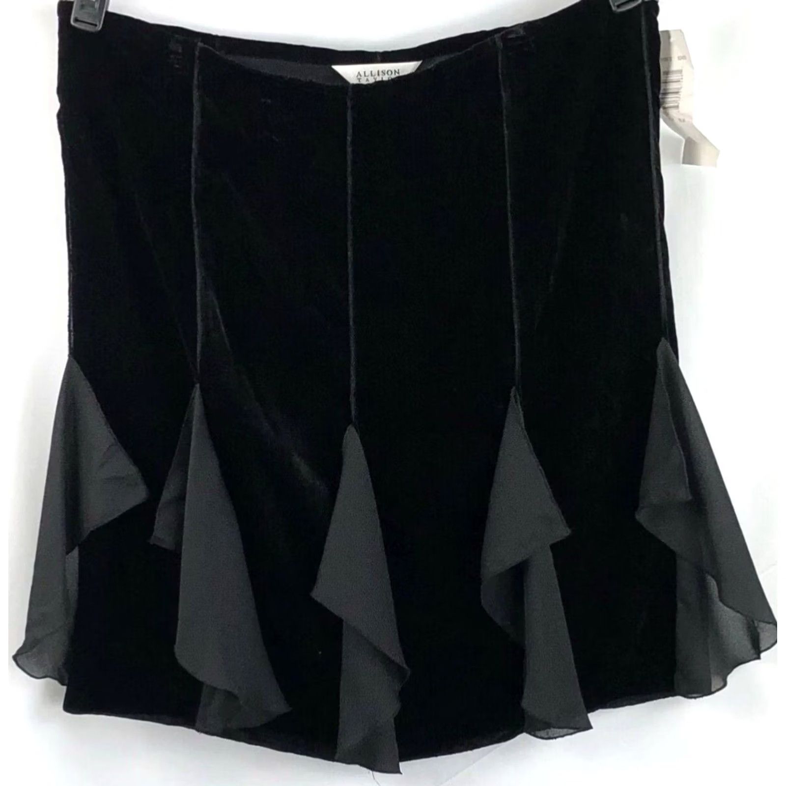 Vintage Allison Taylor Velvet Chiffon Skirt L Black Gothic Fairy Flutter Accents Knee Length Women's Size 36" / US 14 / IT 50 - 2 Thumbnail