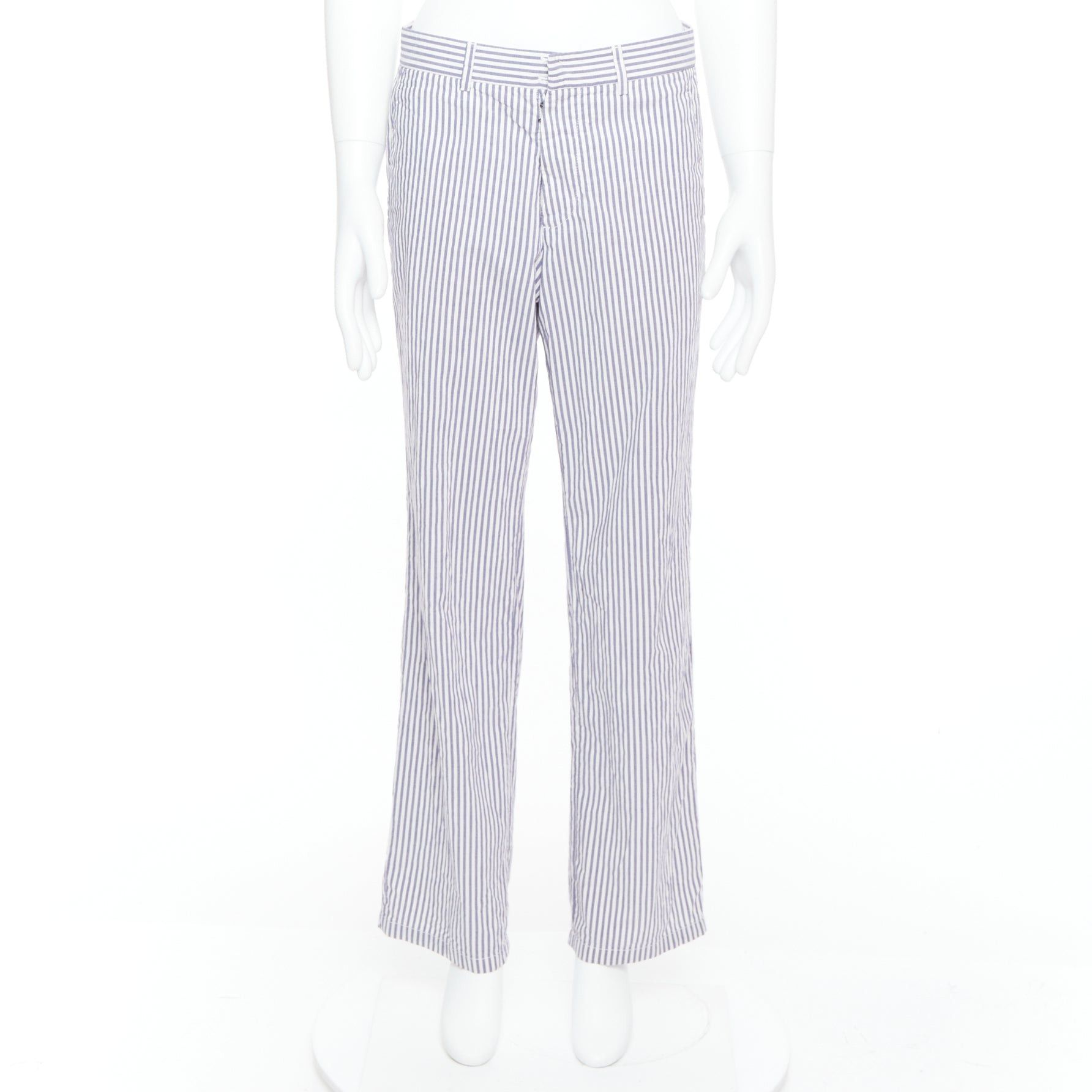 MAISON MARTIN MARGIELA white blue cotton stripe button fly wide pants IT46 S