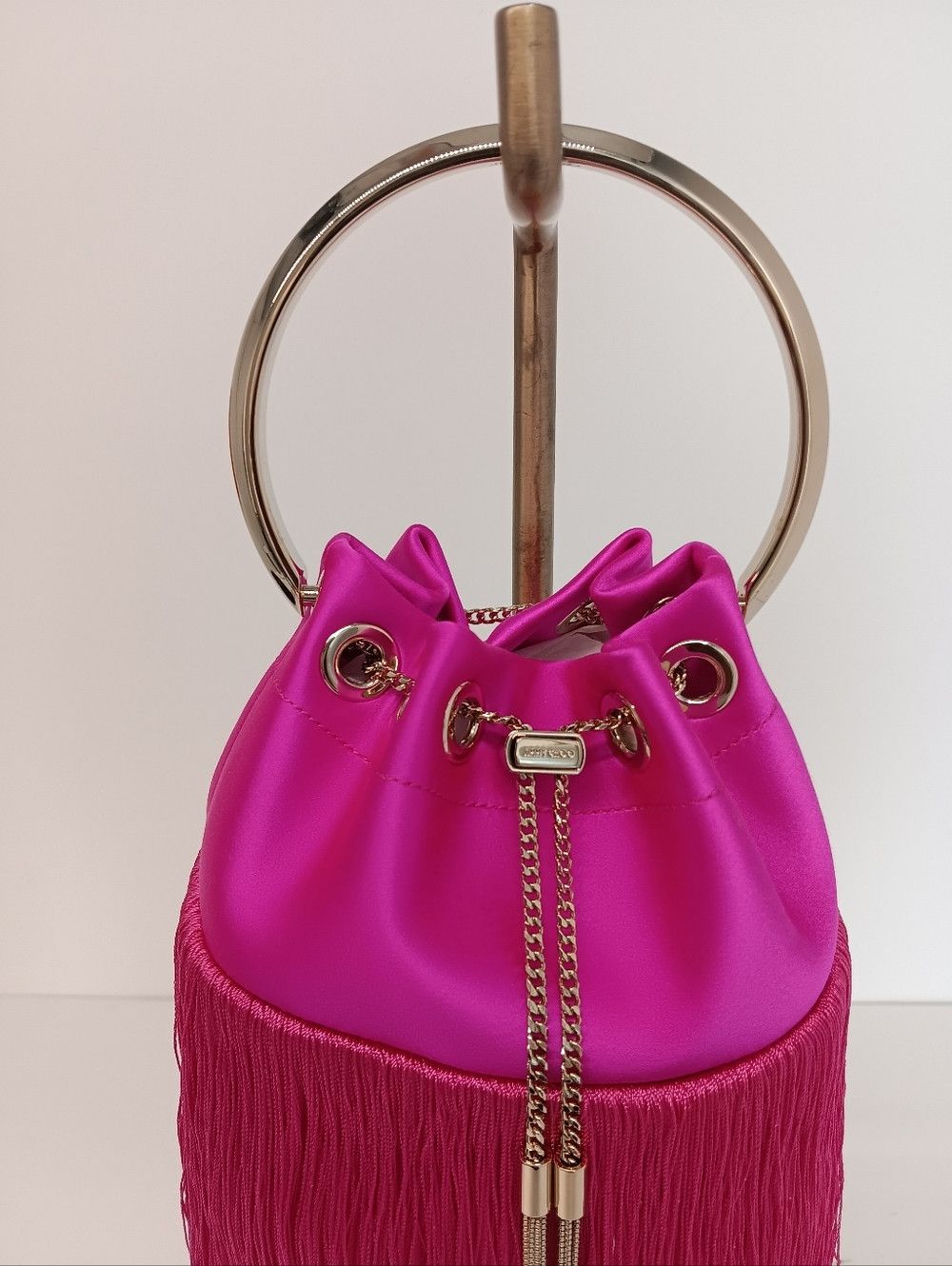 Jimmy Choo Jimmy Choo Bon Bon Small Fringed Satin Bucket Bag - Fuchsia Size ONE SIZE - 8 Thumbnail