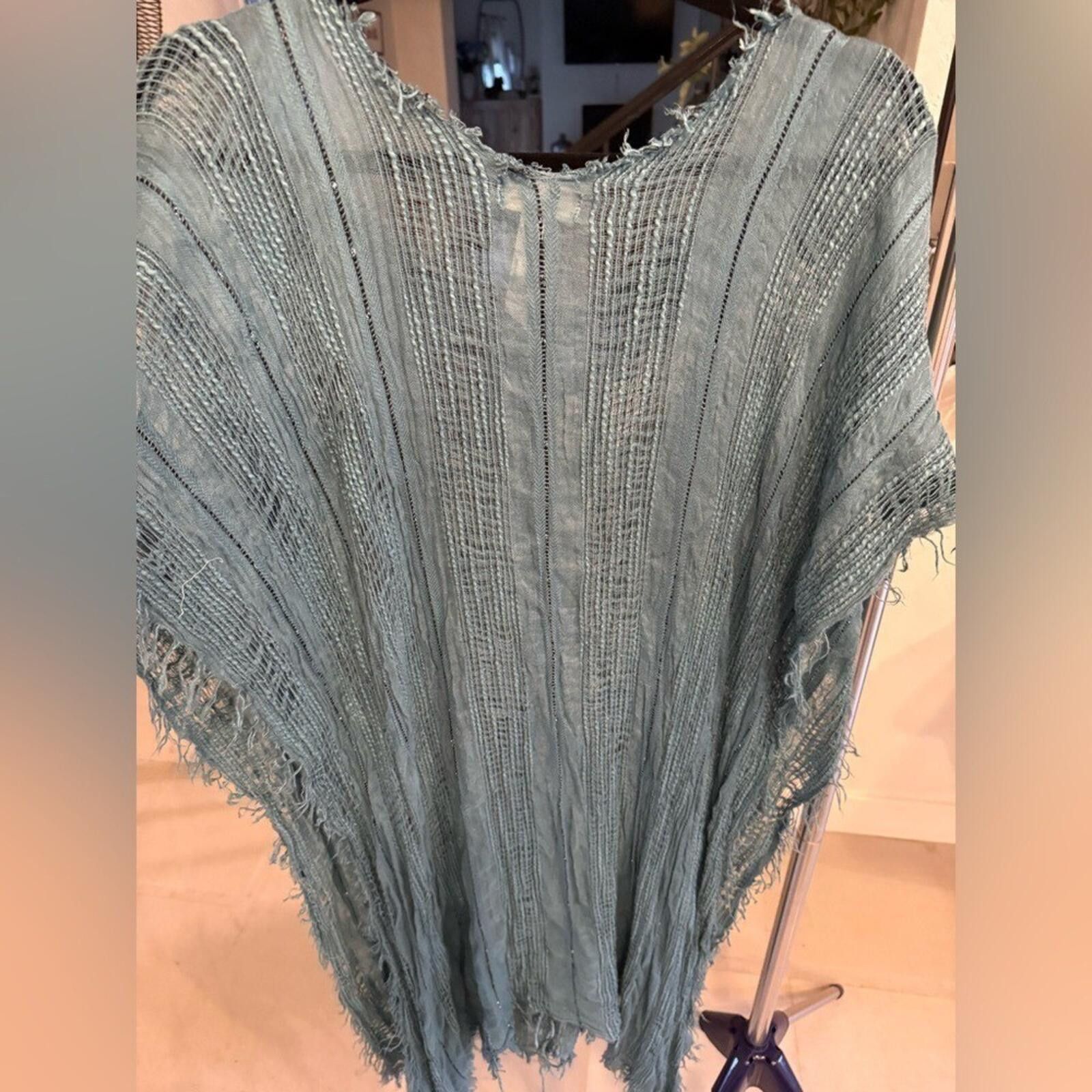 Free People Free People Teal Fringe Open Knit Poncho Cover Up OS Size ONE SIZE - 4 Thumbnail