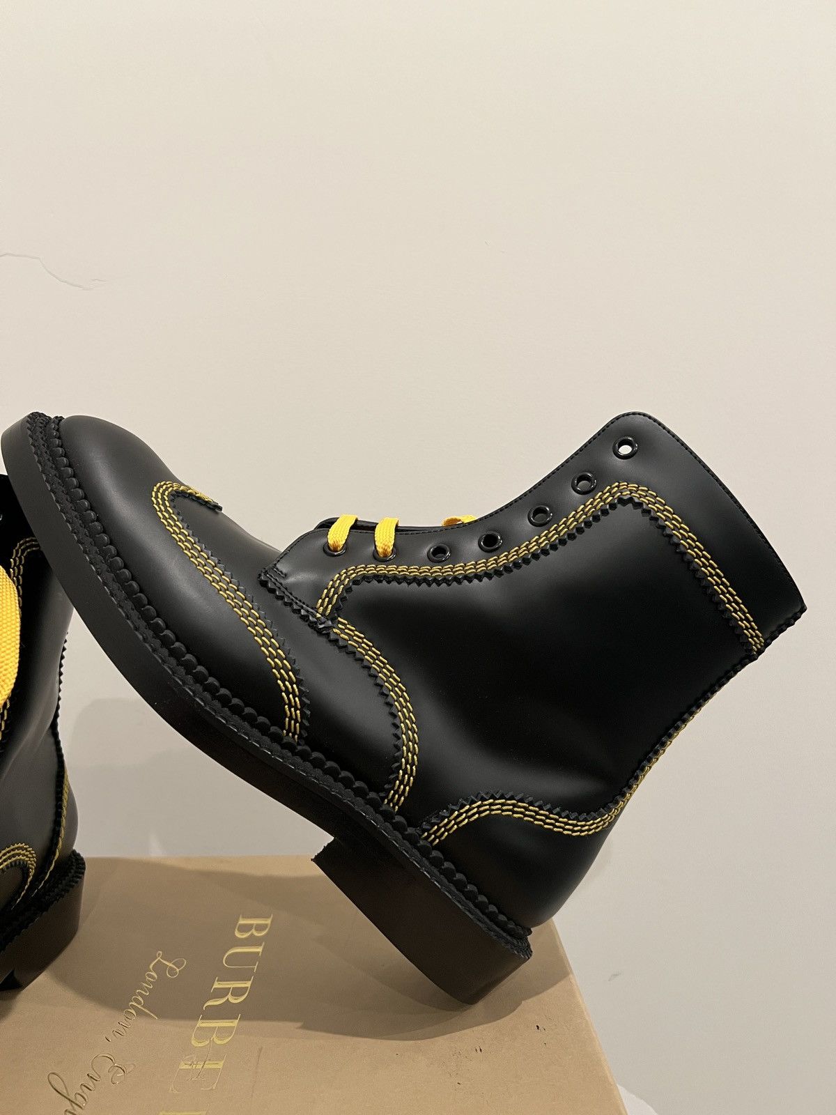 Burberry Burberry Bert Black Leather Yellow Stitching Mid High Boots Size US 11 / IT 41 - 3 Thumbnail