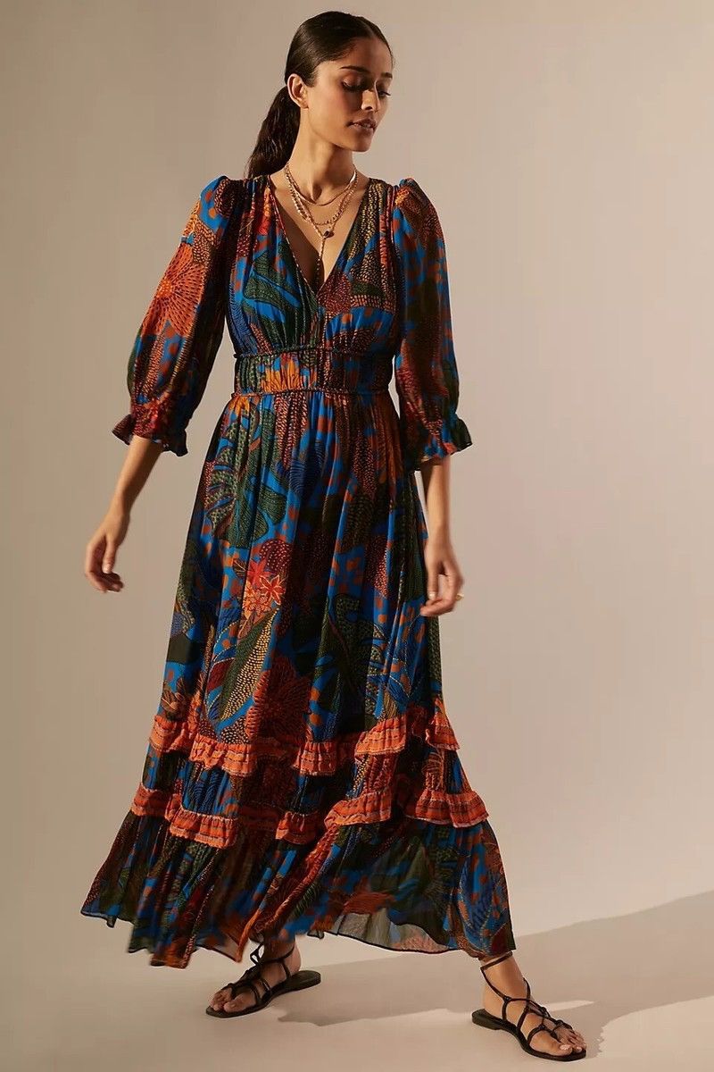 Farm Rio Farm Rio x Anthropologie Puff Sleeve Maxi Dress Carnival NWT Size XXS / US 00 / IT 34 - 3 Thumbnail