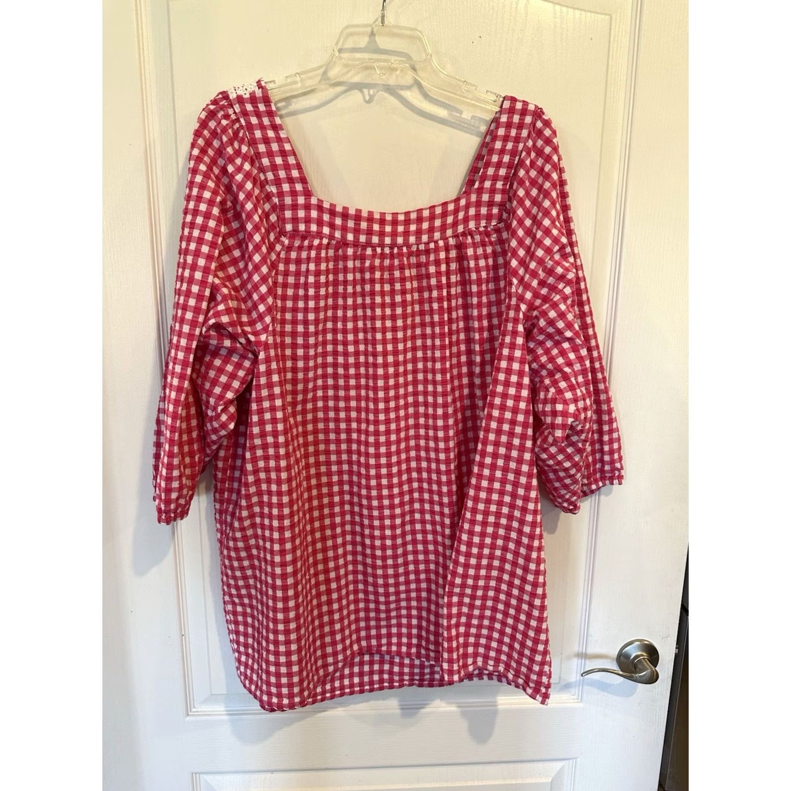 Vintage Woman Within Tunic Blouse Pink Gingham Seersucker 3/4 Sleeve Plus 3X Cotton Womens Size XXL / US 16-18 / IT 52-54 - 3 Thumbnail