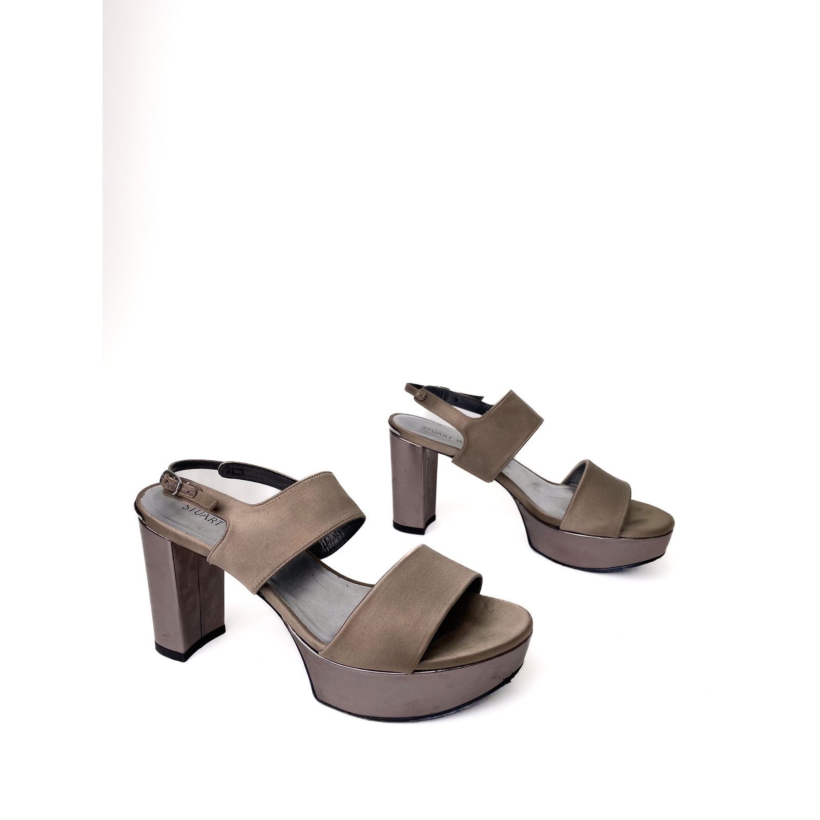 Stuart Weitzman Metallic Beige Satin Platform Sandals Size US 8 / IT 38 - 3 Thumbnail