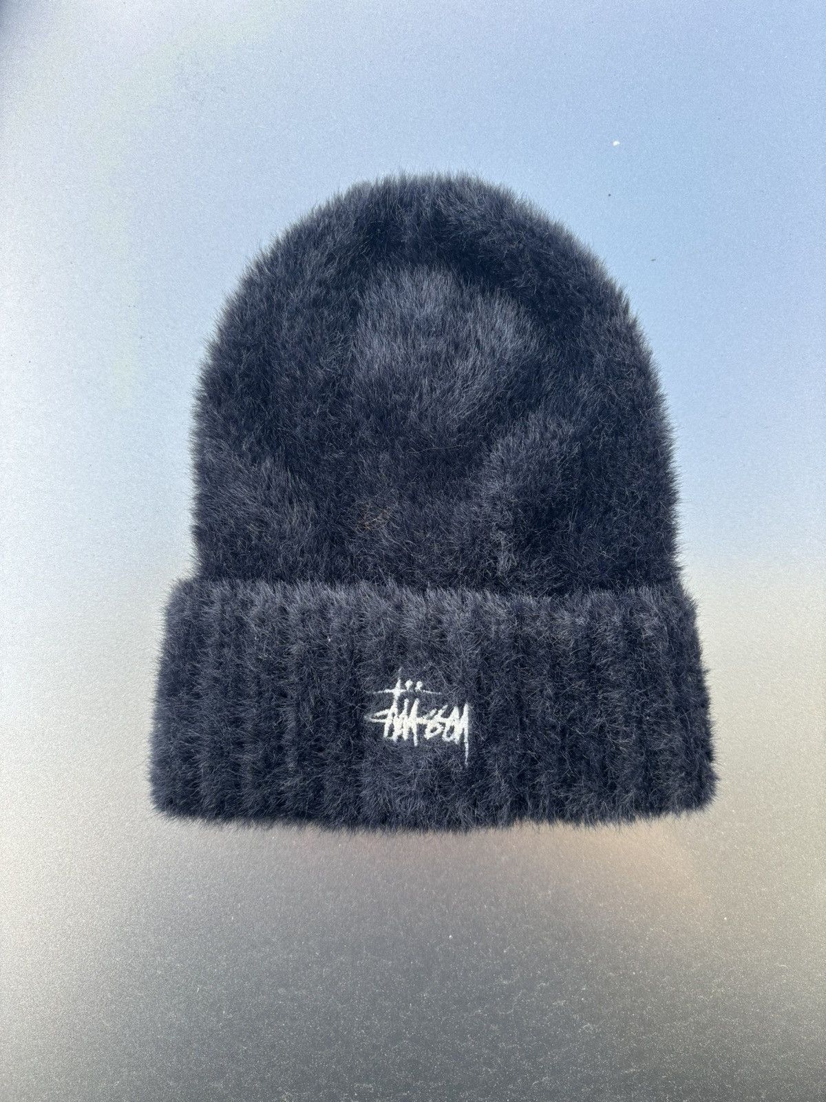 image of Stussy Shaggy Cuff Fuzzy Logo Embroidered Beanie Black, Men's
