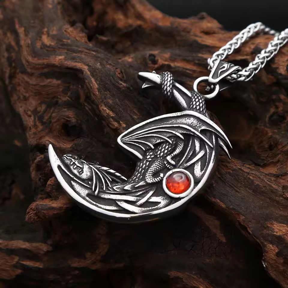 Jewelry Sleeping Dragon On The Moon Pendant Necklace Size ONE SIZE - 5 Thumbnail