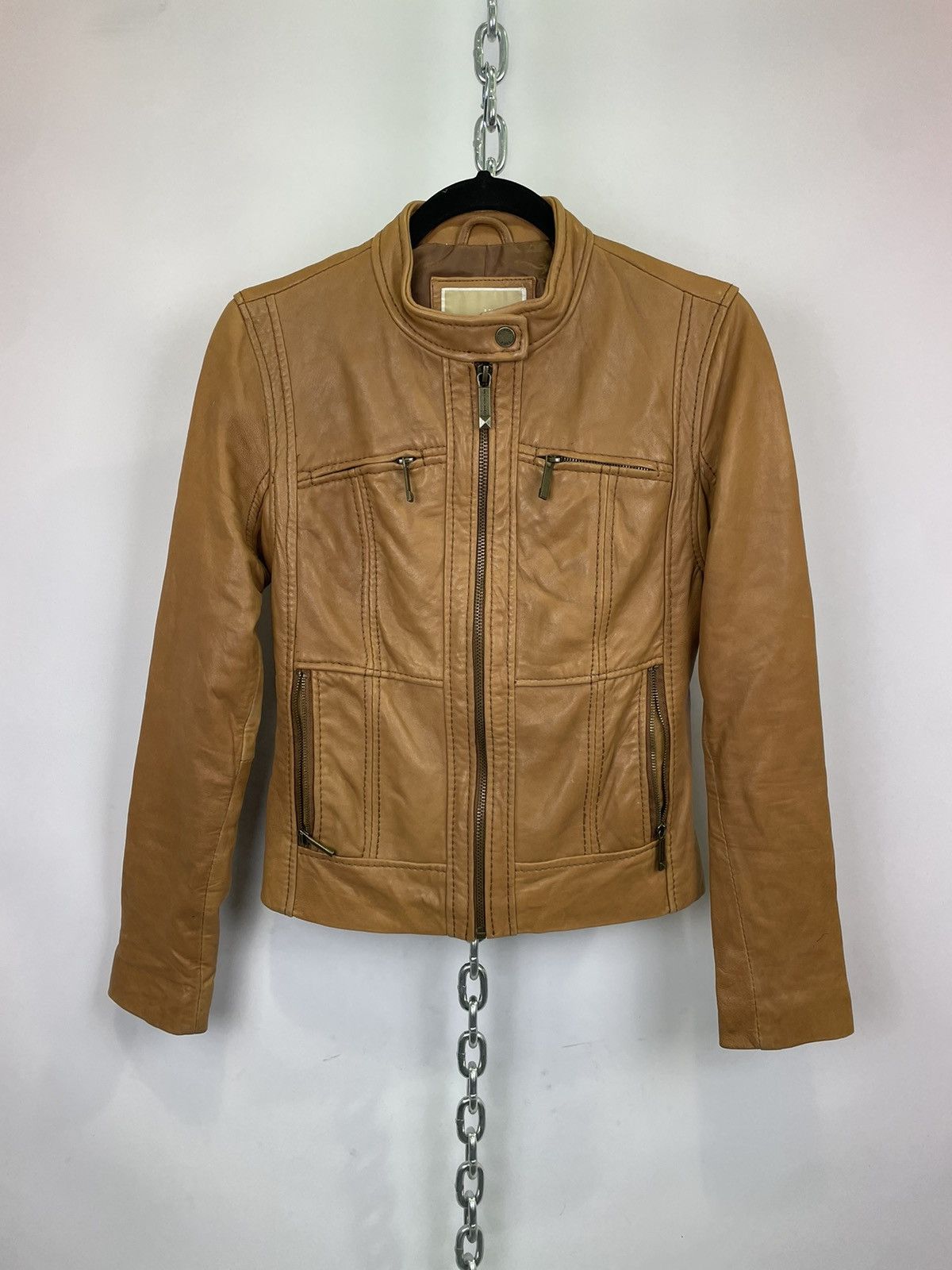 image of Michael Kors Micheal Kors Brown Leather Moto Jacket Size Small, Women's