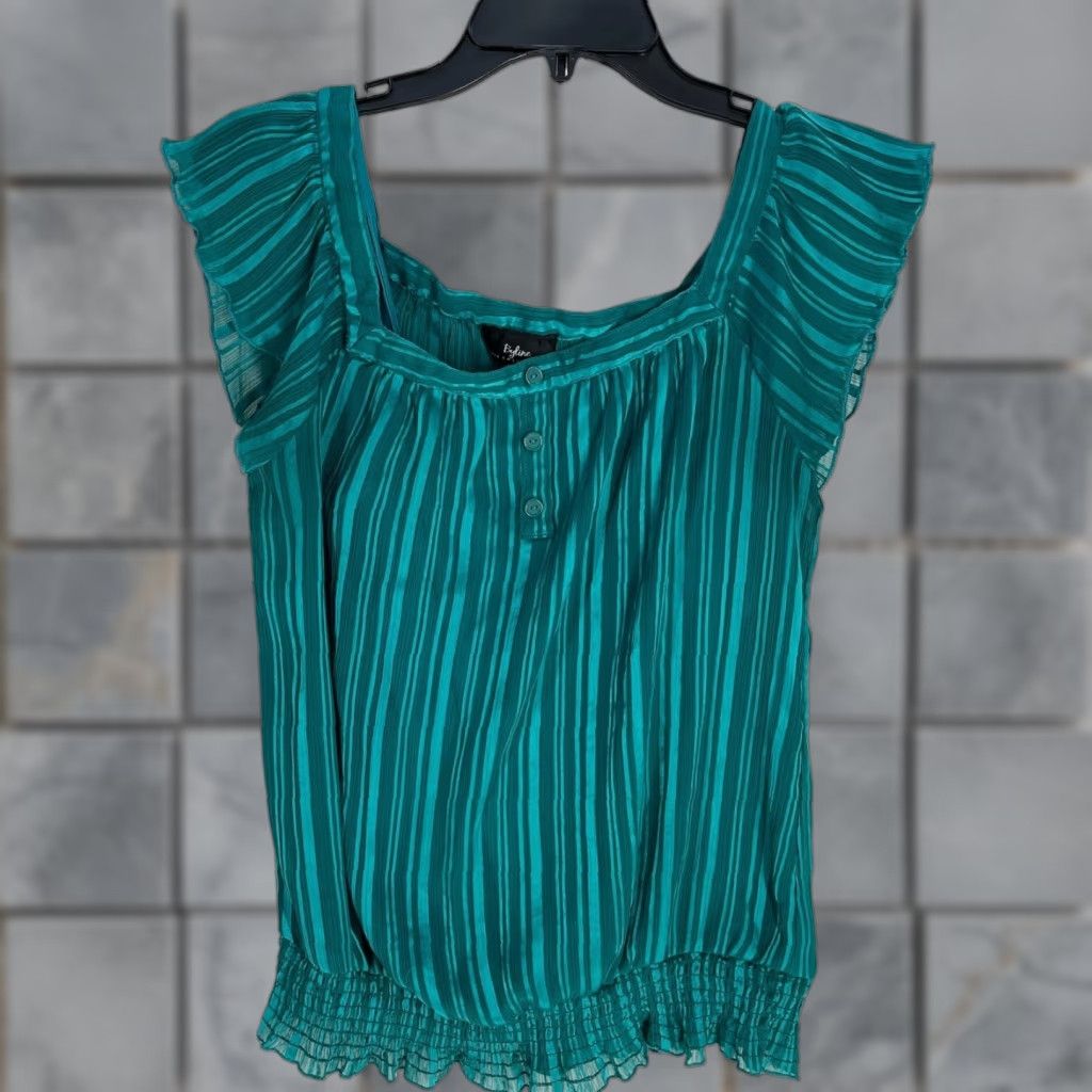 Vintage Byline Peasant Blouse L Green Sheer Striped Square Neck Short Sleeves Boho Chic Shirt Womens Mens? Size L / US 10 / IT 46 - 1 Thumbnail