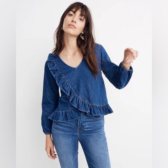 Madewell Madewell Indigo Denim Ruffle Blouse Top Size S / US 4 / IT 40 - 1 Thumbnail