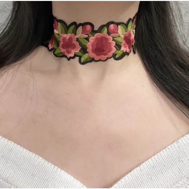 Other Embroidered Floral Choker Necklace Pink Green Black NWOT Size ONE SIZE - 17 Thumbnail