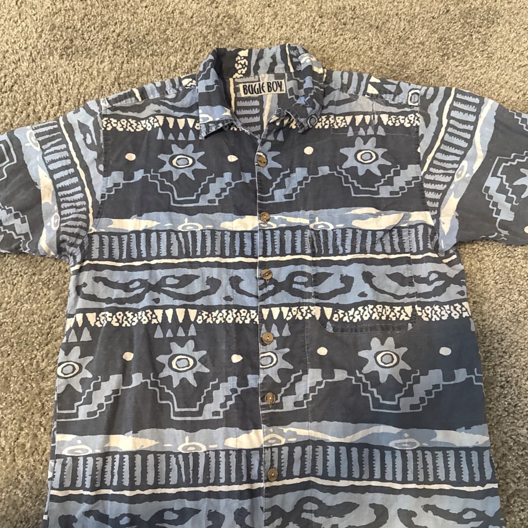 Bugle Boy VINTAGE Bugle Boy Hawaiian Shirt Blue White Tribal Print Button-Up Short Sleeve L Mens Size US L / EU 52-54 / 3 - 3 Thumbnail