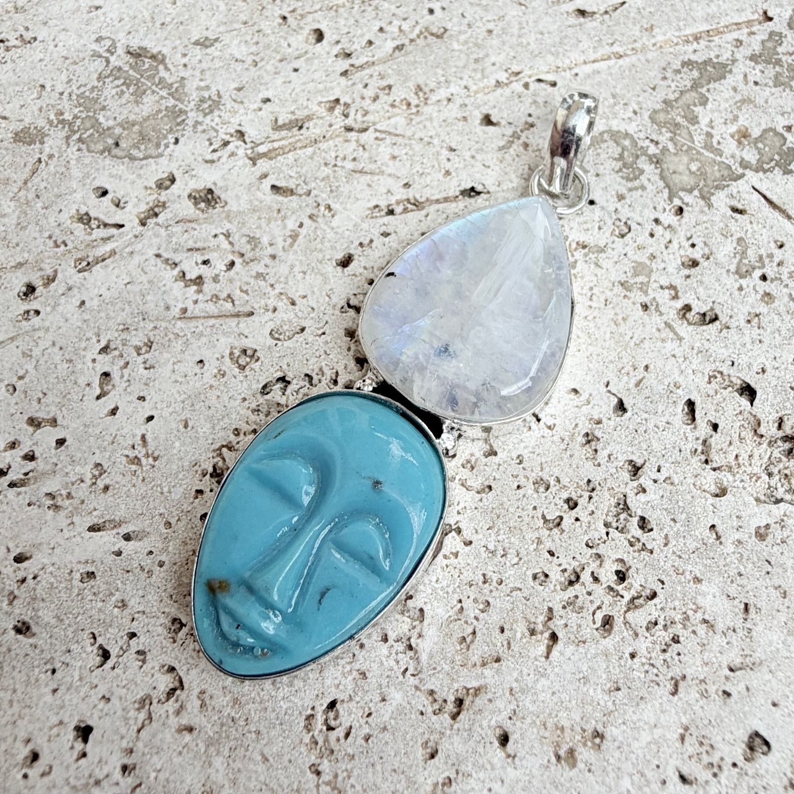 The Unbranded Brand Rainbow Moonstone Moon Face Blue Agate Pendant 925 Overlay Size ONE SIZE - 4 Thumbnail