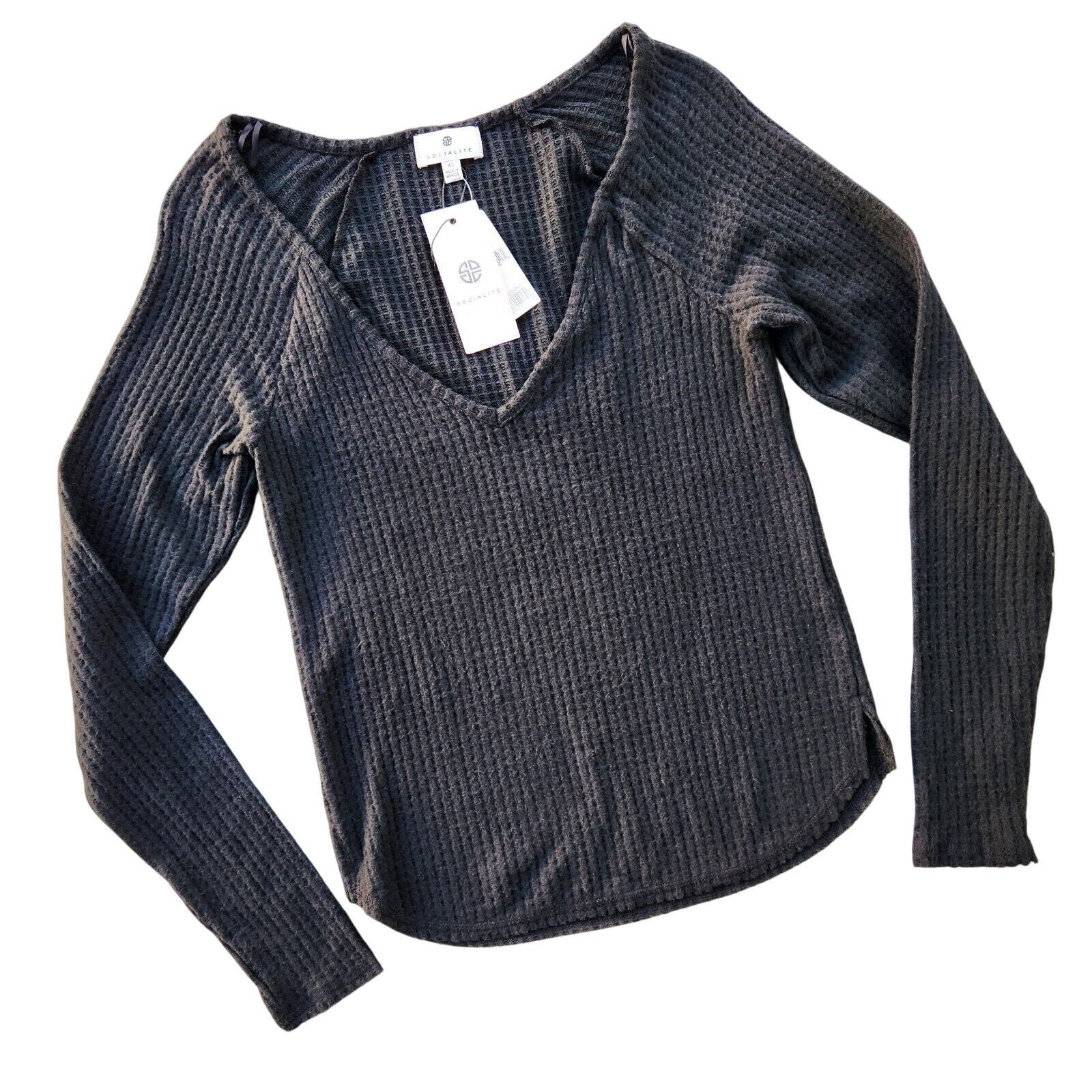 The Unbranded Brand Socialite Women Black Waffle V-Neck Long Sleeve Top Size XS Size XS / US 0-2 / IT 36-38 - 2 Thumbnail