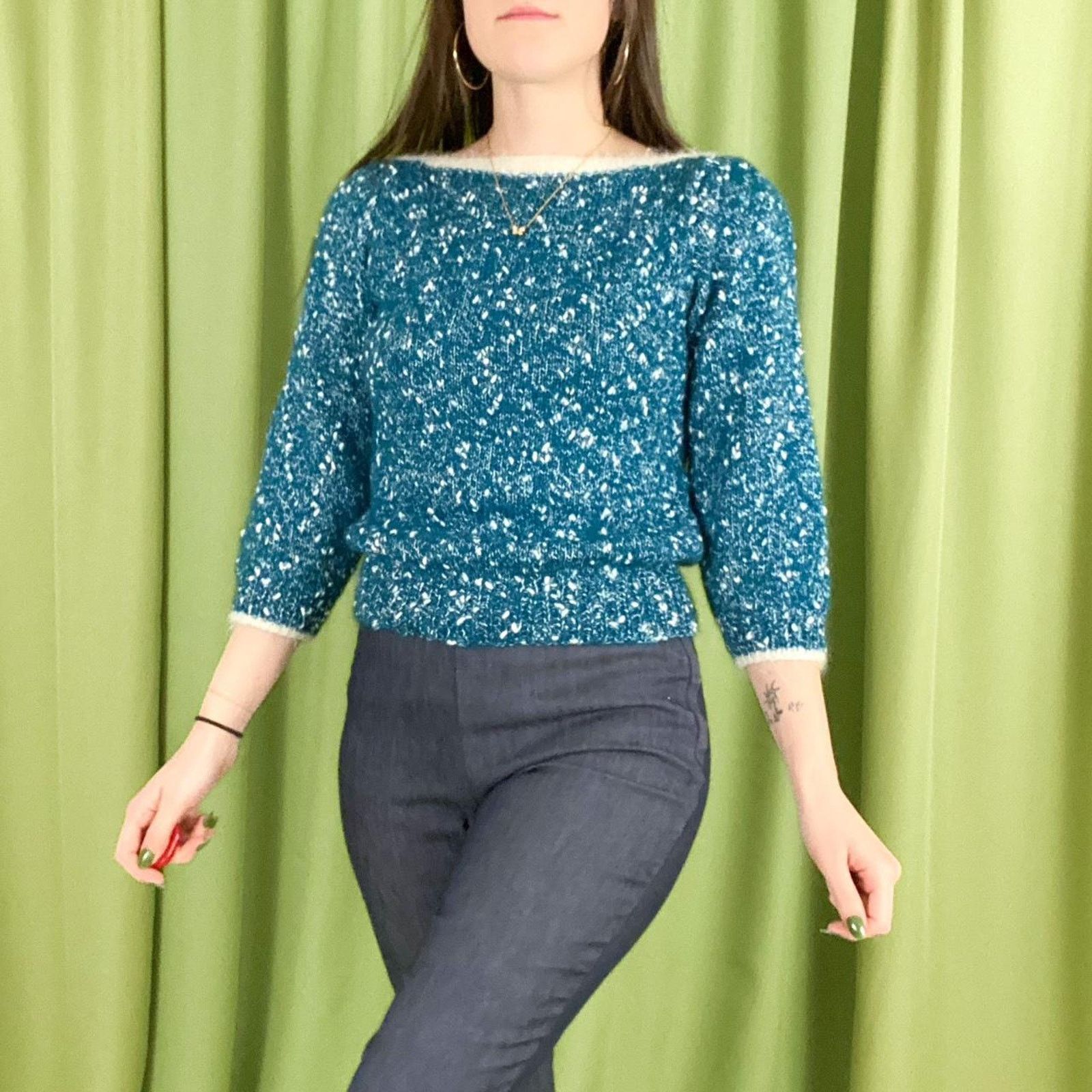 Vintage 80s Vintage Teal and White Boucle Knit Boat Neck Sweater Size S / US 4 / IT 40 - 1 Thumbnail