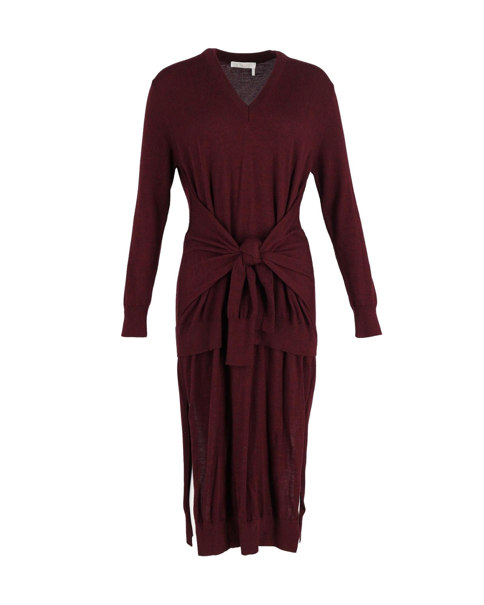 image of Chloe Burgundy Wool Tied Waist Dress, Women's (Size Medium)