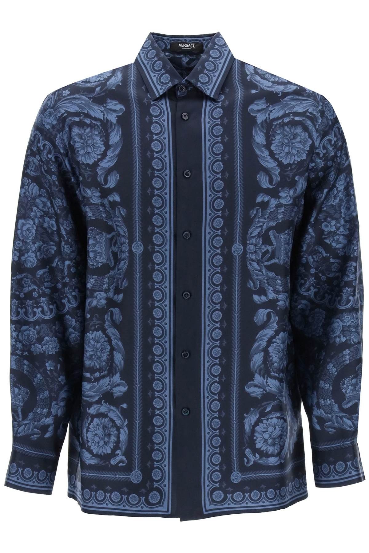 Image of Versace Barocco Silk Shirt in Navy Blue, Men's (Size XL)