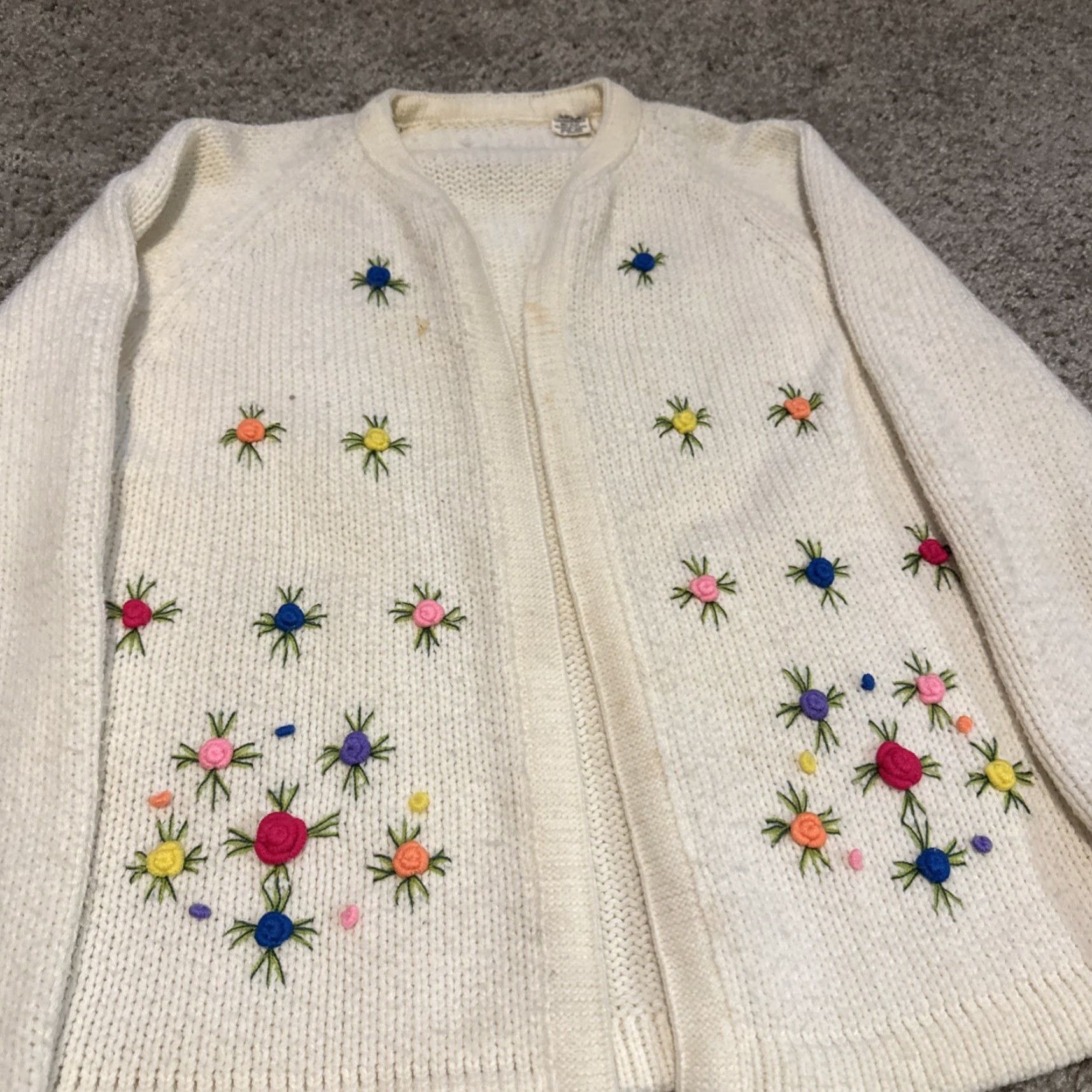 Vintage VINTAGE 1960s Flower Art 3D Cotton Cardigan Knit Sweater Large Knitwear Size L / US 10 / IT 46 - 3 Thumbnail