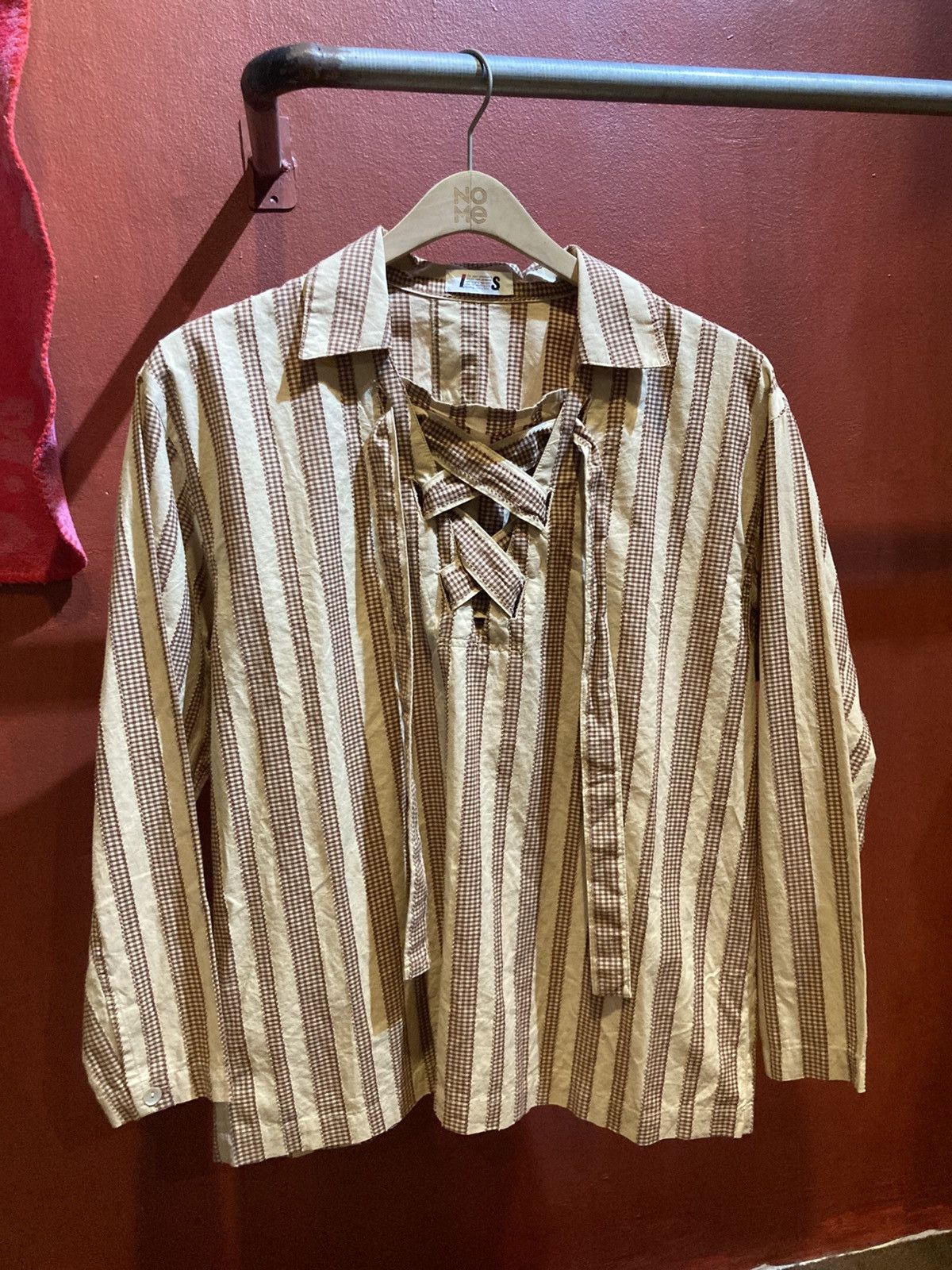 Issey Miyake 80s Issey Miyake Lace Up Striped Shirt Size L / US 10 / IT 46 - 3 Thumbnail