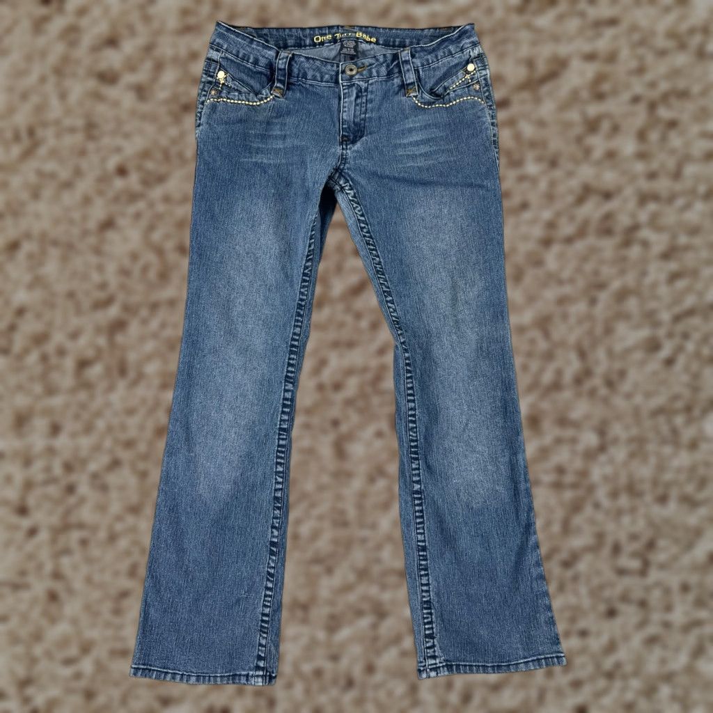 Denime One Tuff Babe Jeans Women 11 Blue Denim Bootcut Low Rise Embroidered Ramie Cotton Blend Size 32" / US 10 / IT 46 - 1 Thumbnail