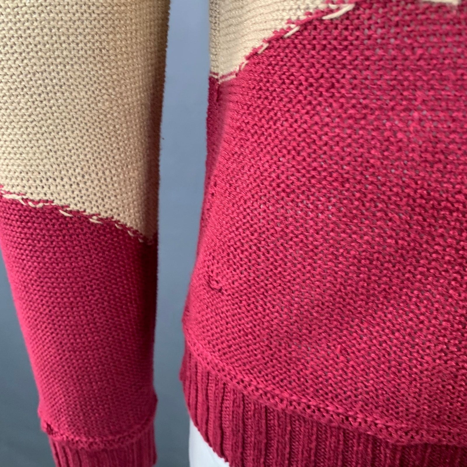Opening Ceremony RODARTE Beige Red Knit Linen V-Neck Sweater Size US L / EU 52-54 / 3 - 8 Thumbnail